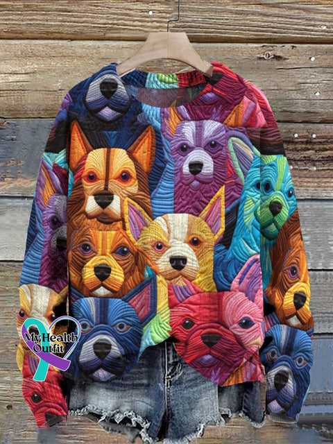 Funny Dog Art Print Knit Pullover Sweater Multicolor / S