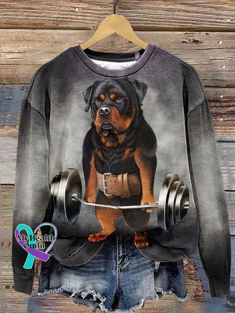 Funny Dog Rottweiler Lift Shrug Bar Art Print Casual Sweatshirt Multicolor / S