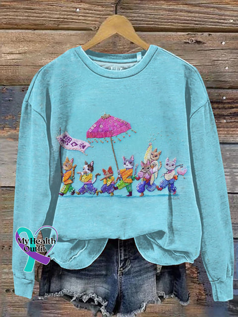 Funny Embroidered Cats Art Print Casual Sweatshirt Blue / S