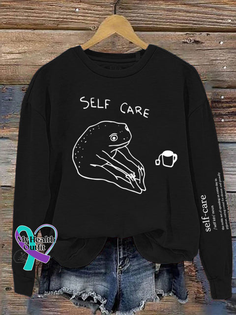 Funny Frog Self Care Unisex Crew Neck Long Sleeve Sweatshirt Black / S