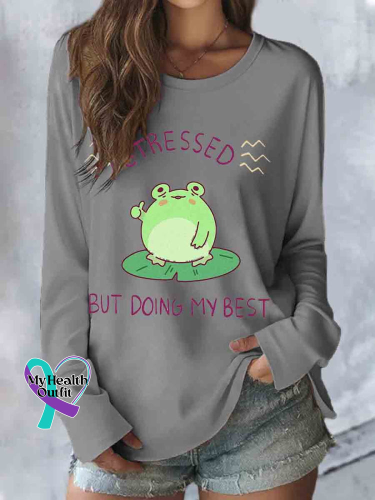 Funny Frog Stressed But Doing My Best Print Casual Long Sleeve Top Grey / S