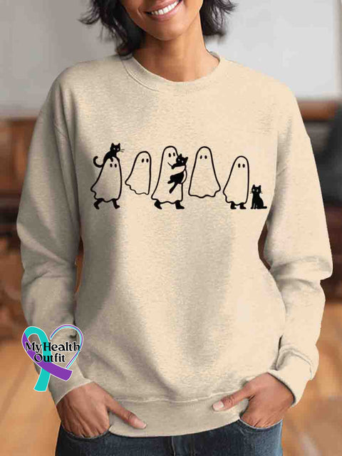 Funny Ghost Cat Art Retired Art Print Casual Sweatshirt Apricot / S