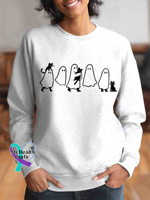 Funny Ghost Cat Art Retired Art Print Casual Sweatshirt White / S