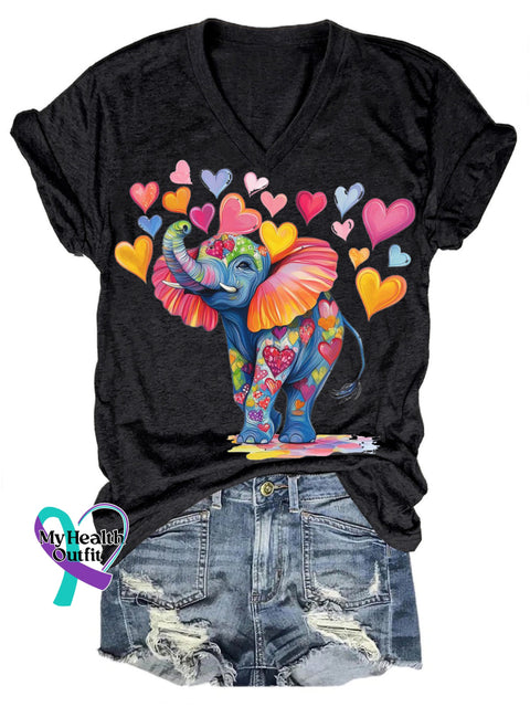 Funny Heart-shaped Elephant Print Casual V-neck Short-sleeved T-shirt Black / S