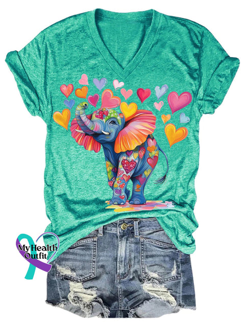 Funny Heart-shaped Elephant Print Casual V-neck Short-sleeved T-shirt Cyan / S
