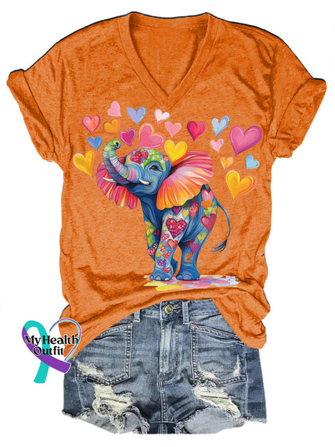 Funny Heart-shaped Elephant Print Casual V-neck Short-sleeved T-shirt Orange / S
