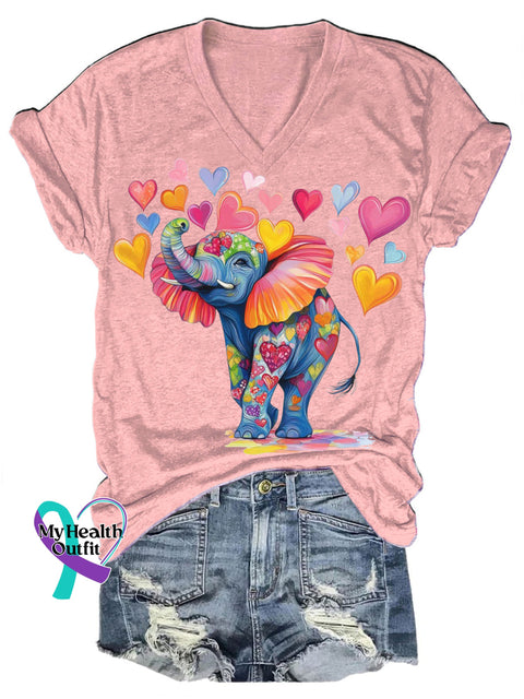 Funny Heart-shaped Elephant Print Casual V-neck Short-sleeved T-shirt Pink / S