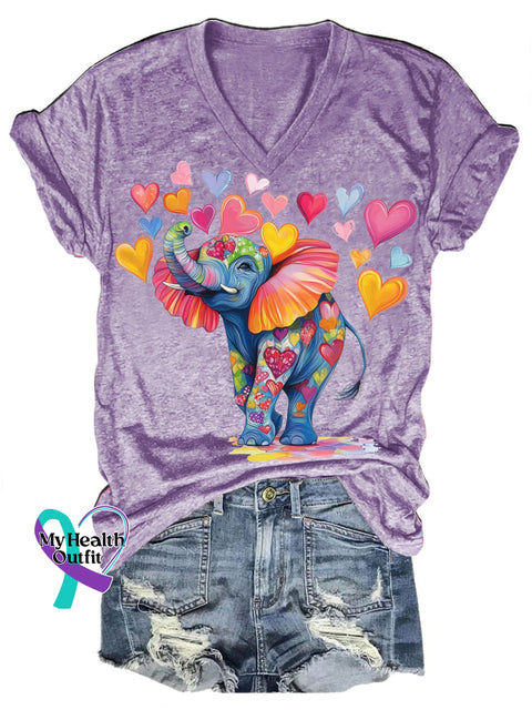 Funny Heart-shaped Elephant Print Casual V-neck Short-sleeved T-shirt Purple / S