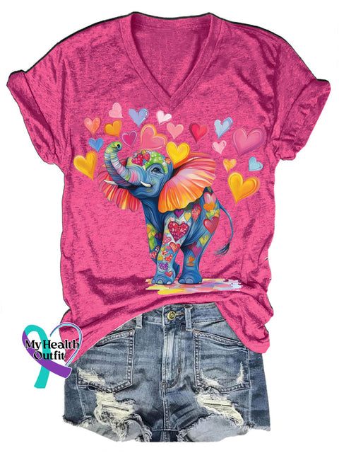 Funny Heart-shaped Elephant Print Casual V-neck Short-sleeved T-shirt RoseRed / S