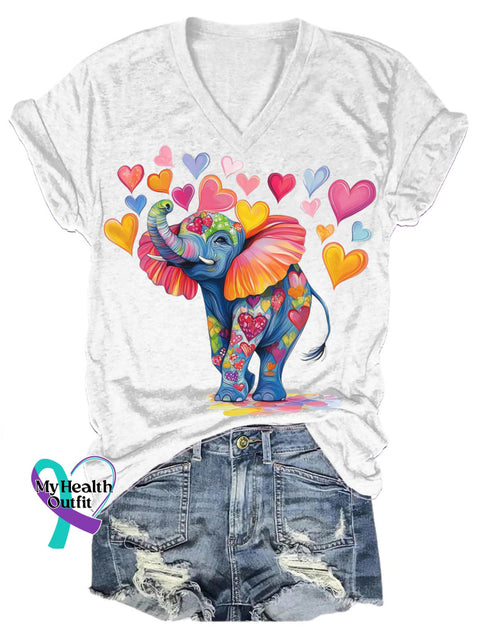 Funny Heart-shaped Elephant Print Casual V-neck Short-sleeved T-shirt White / S