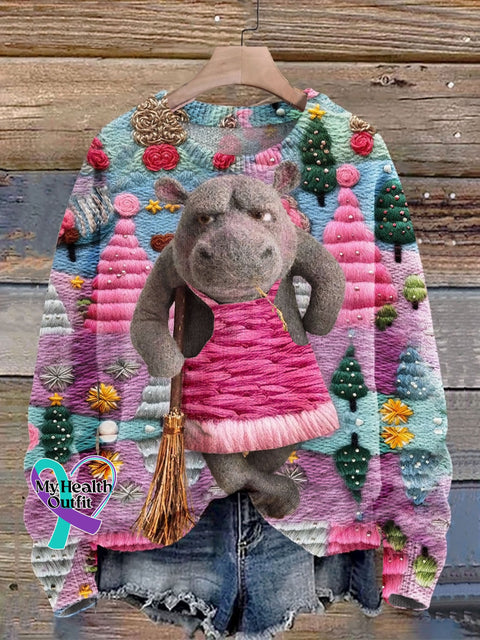 Funny Hippo Christmas Tree Print Knit Pullover Sweater Multicolor / S