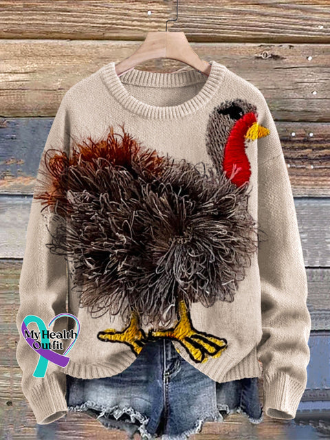 Funny Turkey Art Print Knit Pullover Sweater Beige / S