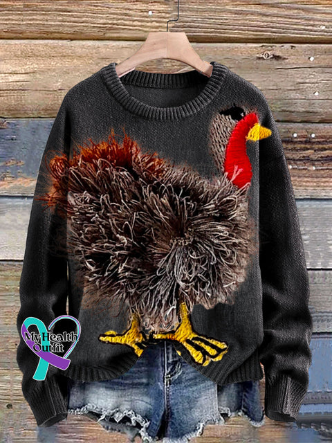 Funny Turkey Art Print Knit Pullover Sweater Black / S