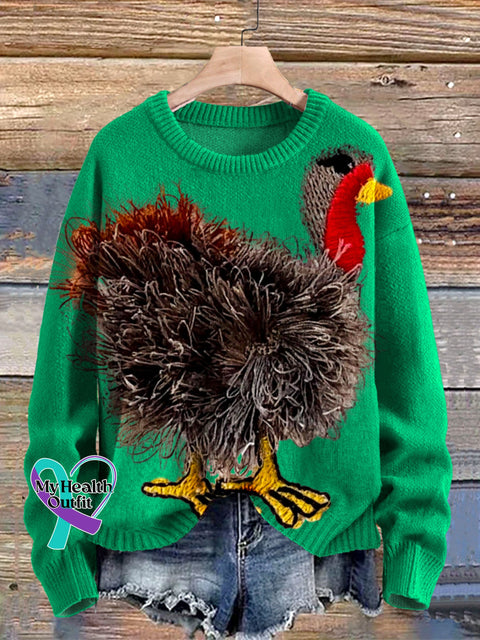 Funny Turkey Art Print Knit Pullover Sweater Green / S