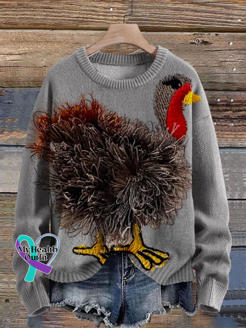 Funny Turkey Art Print Knit Pullover Sweater Grey / S
