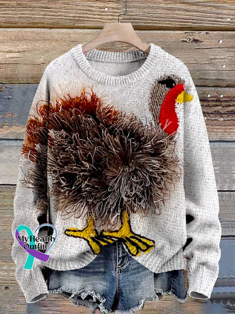 Funny Turkey Art Print Knit Pullover Sweater Multicolor / S