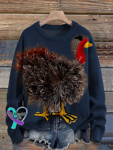 Funny Turkey Art Print Knit Pullover Sweater Navyblue / S