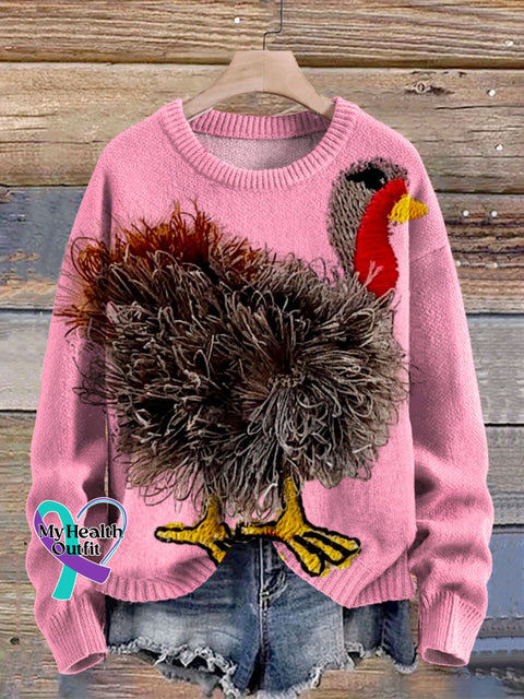 Funny Turkey Art Print Knit Pullover Sweater Pink / S