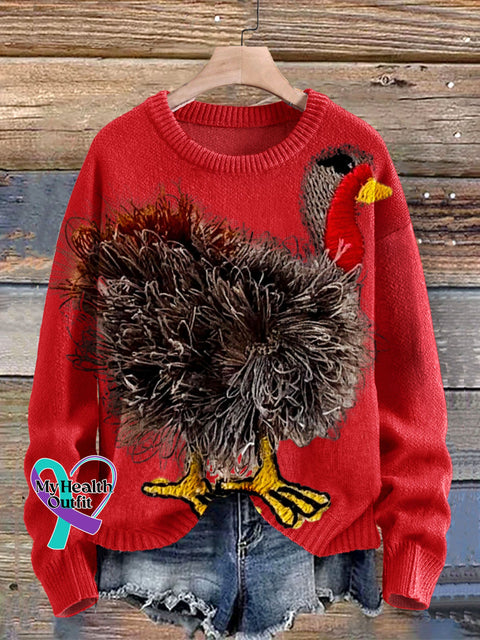 Funny Turkey Art Print Knit Pullover Sweater Red / S