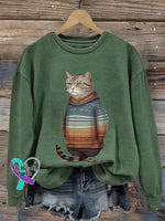 Funny Vintage Cat Art Print Casual Sweatshirt Green / S
