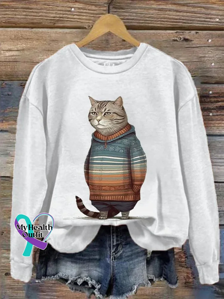 Funny Vintage Cat Art Print Casual Sweatshirt White / S