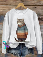 Funny Vintage Cat Art Print Casual Sweatshirt White / S