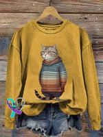 Funny Vintage Cat Art Print Casual Sweatshirt Yellow / S