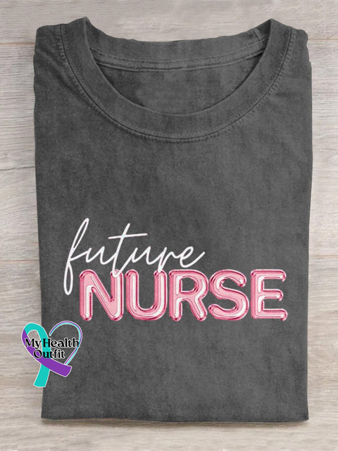 ’Future Nurse’ National Nurses Day Party Balloon Effect Graphic Printed T-Shirt Grey / S
