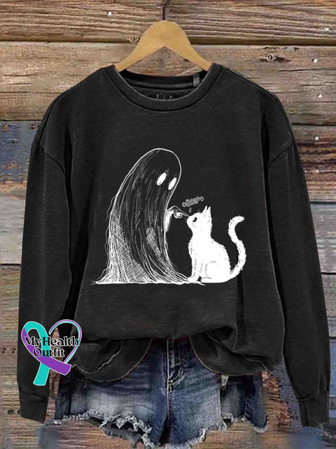 Ghost and Black Cat Art Sweatshirt Balck / S