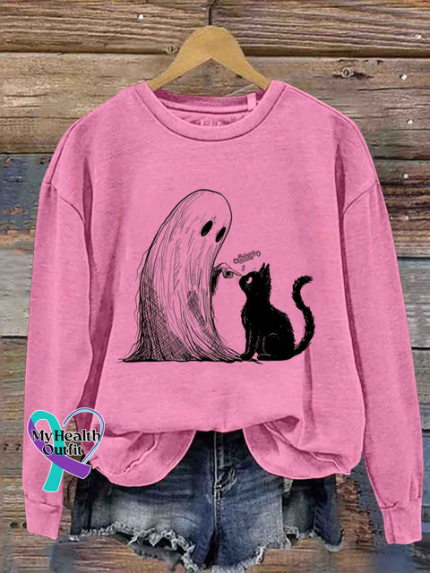 Ghost and Black Cat Art Sweatshirt Pink / S