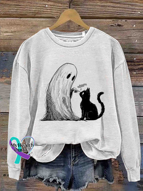 Ghost and Black Cat Art Sweatshirt White / S
