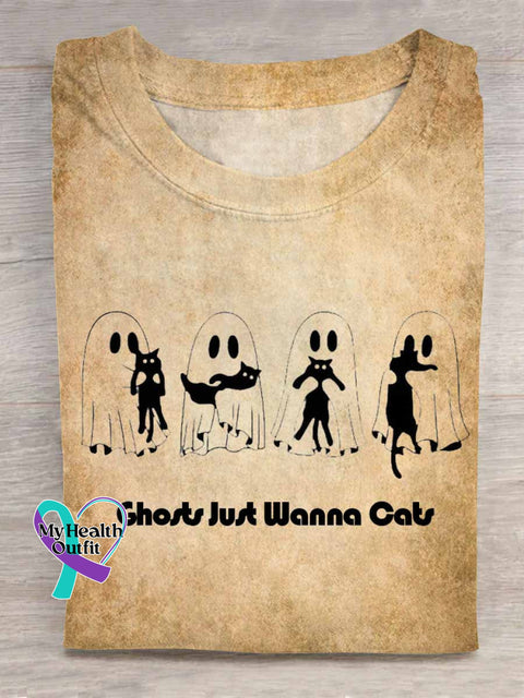 Ghost Just Wanna Cats Art Print T shirt Khaki / S