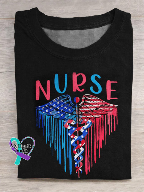 Gift For Nurse - Healthcare Symbol American Flag Paint Brush Print Casual T-Shirt Black / S