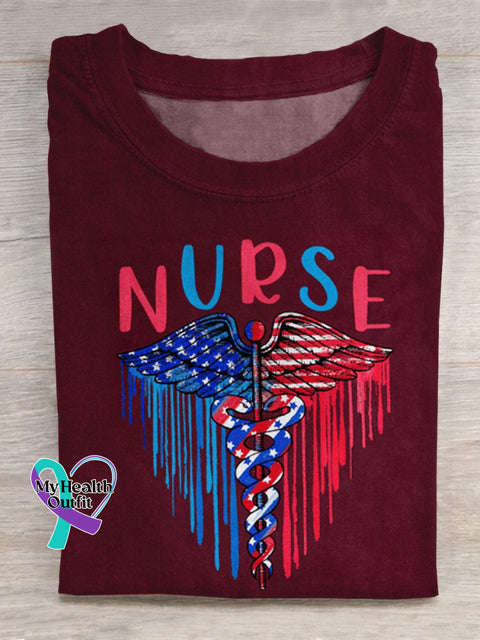Gift For Nurse - Healthcare Symbol American Flag Paint Brush Print Casual T-Shirt Dark Red / S