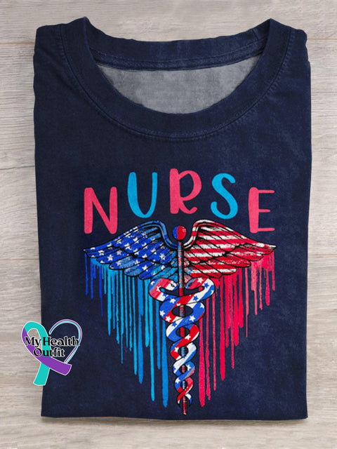 Gift For Nurse - Healthcare Symbol American Flag Paint Brush Print Casual T-Shirt Navy / S