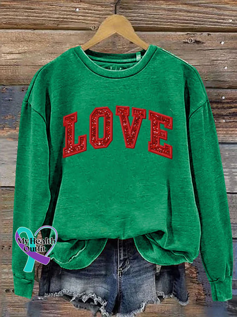 Gift Heart Print Casual Sweatshirt Green / S