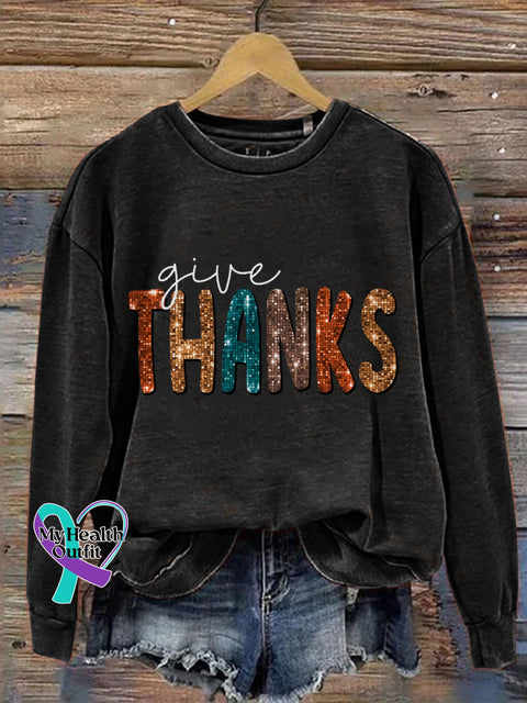 Give Thanks Pumpkin Thanksgiving Day Print Casual Sweatshirt Black / S