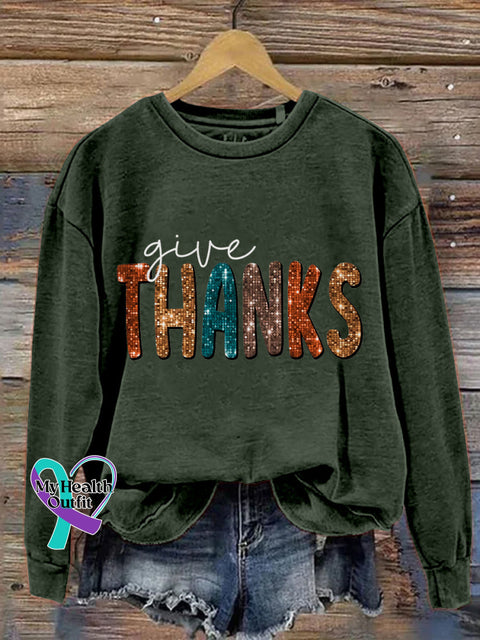 Give Thanks Pumpkin Thanksgiving Day Print Casual Sweatshirt DarkGreen / S