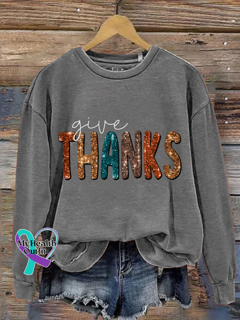 Give Thanks Pumpkin Thanksgiving Day Print Casual Sweatshirt Grey / S