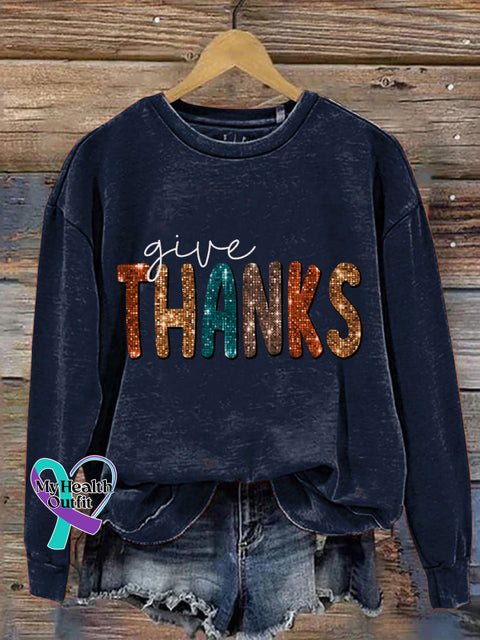 Give Thanks Pumpkin Thanksgiving Day Print Casual Sweatshirt NavyBlue / S