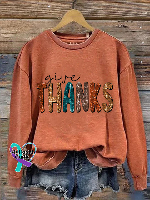 Give Thanks Pumpkin Thanksgiving Day Print Casual Sweatshirt Orange / S