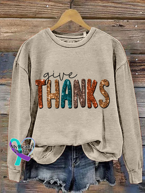 Give Thanks Pumpkin Thanksgiving Day Print Casual Sweatshirt Sand / S