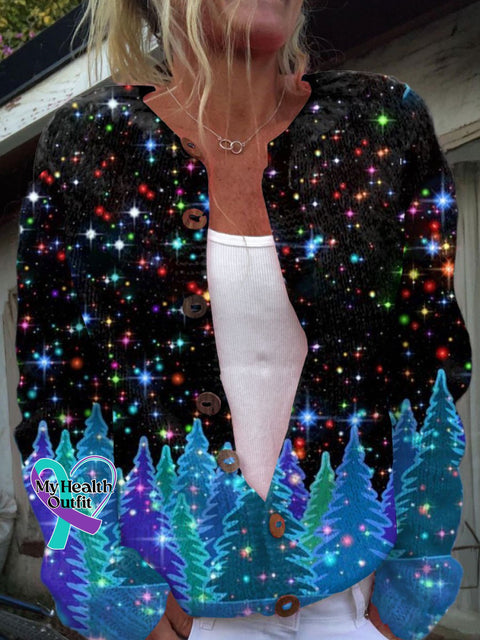 Glitter Christmas Art Print Buttoned Cardigan Sweater Multicolor / S