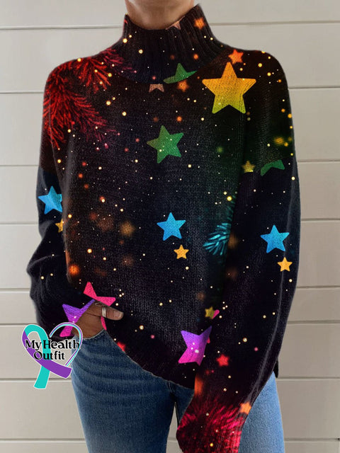 Glitter Christmas Print Knit Turtleneck Pullover Sweater Multicolor / S