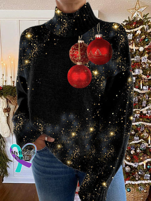 Glitter Christmas Print Knit Turtleneck Pullover Sweater Multicolor / S
