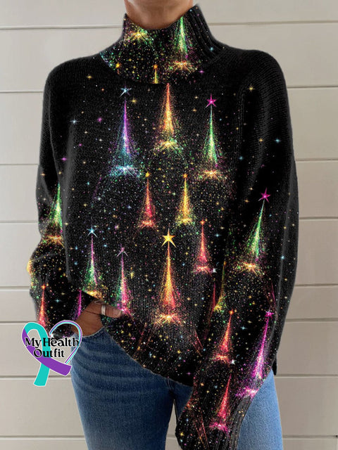 Glitter Christmas Print Knit Turtleneck Pullover Sweater Multicolor / S