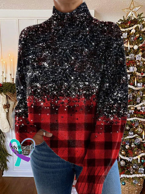 Glitter Christmas Print Knit Turtleneck Pullover Sweater Multicolor / S