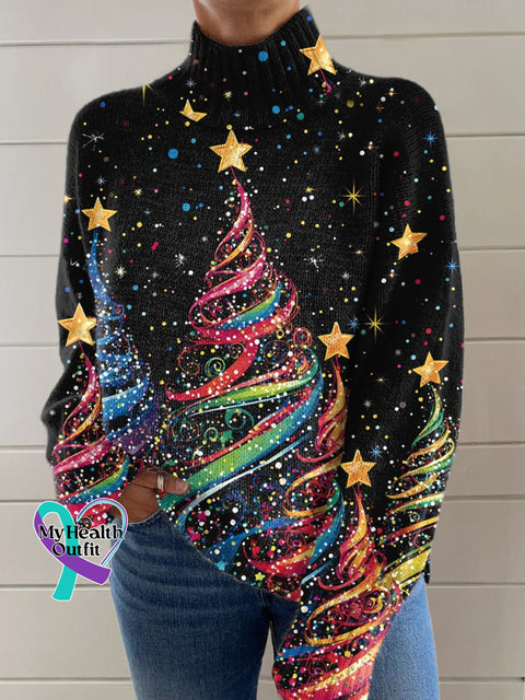 Glitter Christmas Print Knit Turtleneck Pullover Sweater Multicolor / S