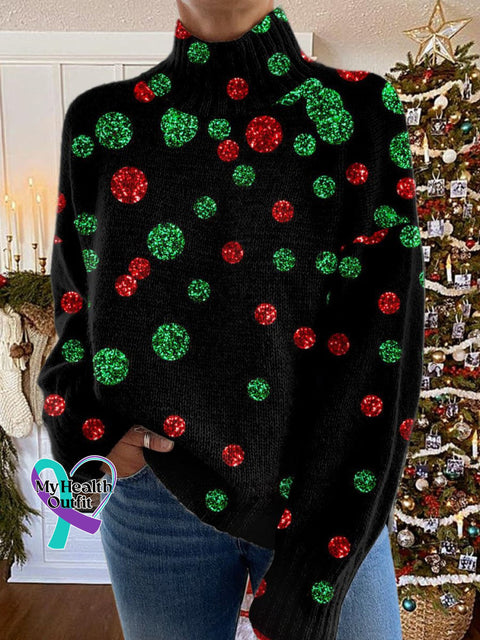 Glitter Christmas Print Knit Turtleneck Pullover Sweater Multicolor / S