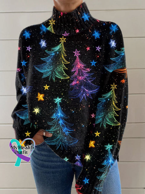 Glitter Christmas Print Knit Turtleneck Pullover Sweater Multicolor / S